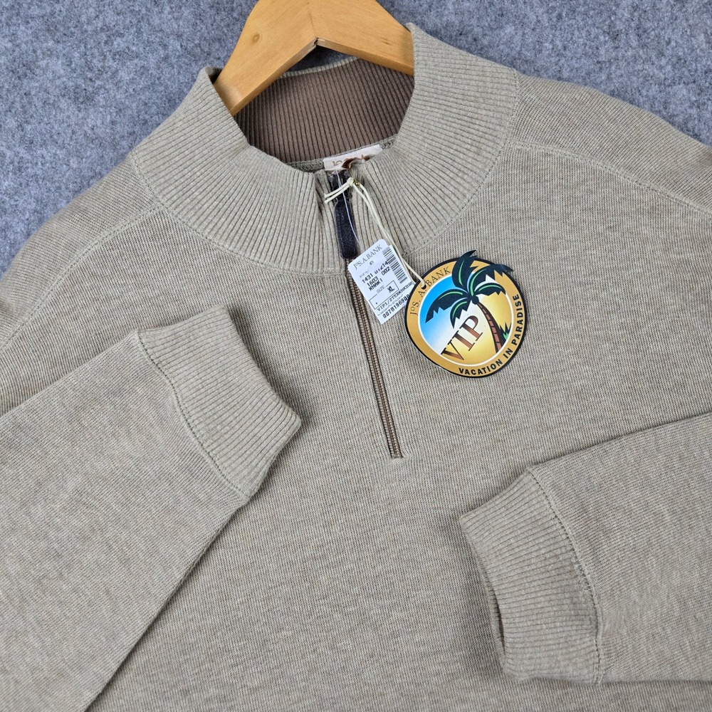 Jos. A. Bank 1/4 Zip Sweater Mens XL Khaki Pullover Cotton Mock Neck Ribbed NEW